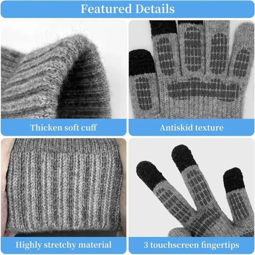 3pcs/Set Winter Beanie Hats Touchscreen Gloves Neck Warmer Scarf Set for Men - Picture 4 of 7